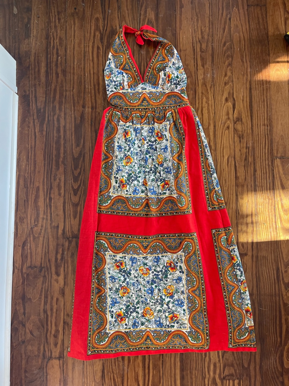 Vintage Folksy Red Floral Patchwork Maxi Halter Dress